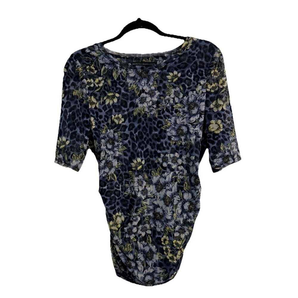 WHBM Blue Mixed Print Sheer Ruched Leopard Print Floral Mesh Net Top Mock Neck M